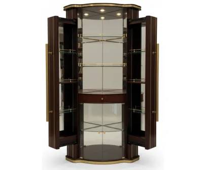 Dark mahogany and brass bar cabinet with open doors, revealing glass shelves, a mirrored interior, and a lower glass door. The cabinet is shown on a white background.