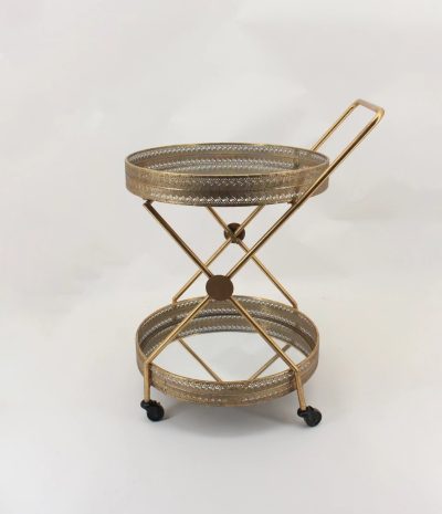 Featuring two round shelves and a stylish gold finish, this versatile serving cart is perfect for transporting drinks, appetizers, or other hors d'oeuvres around your home with ease.