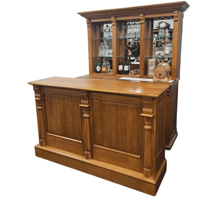 English Mahogany Pub Bar with Back Display and Fridge Storage
