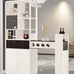 the Expandabar Liquor Cabinet features an extendable bar table, organized glassware storage, bottle holder, and open display shelves. Made from durable HDF with a chic off-white, black, and grey finish, this multifunctional cabinet is perfect for a modern home bar setup.