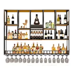 Close-up of integrated stemware rack on wall-mounted bar shelf, holding multiple wine glasses.