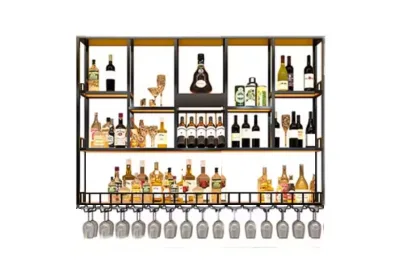 Close-up of integrated stemware rack on wall-mounted bar shelf, holding multiple wine glasses.