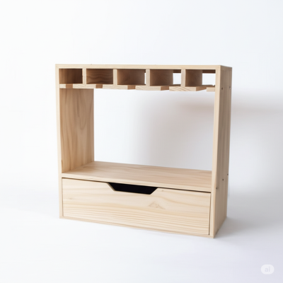 iscover our versatile wooden cube organizer featuring a handy drawer and a convenient wine glass hanging rack. Perfect for kitchens, dining areas, and home bars.