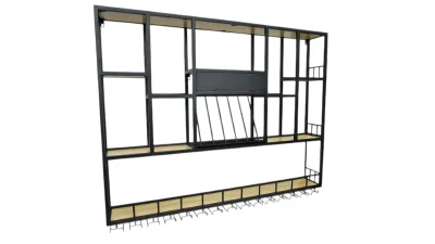 Three-tier wall bar shelf showcasing various liquor bottles and decorative bar accessories.