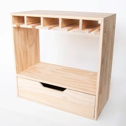 iscover our versatile wooden cube organizer featuring a handy drawer and a convenient wine glass hanging rack. Perfect for kitchens, dining areas, and home bars.