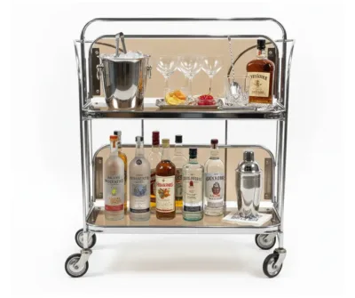 Gatsby Bar Cart Chrome with foldable metal frame and tempered glass shelves