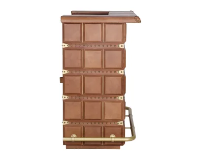 Prestige Leather Bar Counter, closed server side view, showing cabinet doors, top drawer, leather pulls, and campaign style hardware.