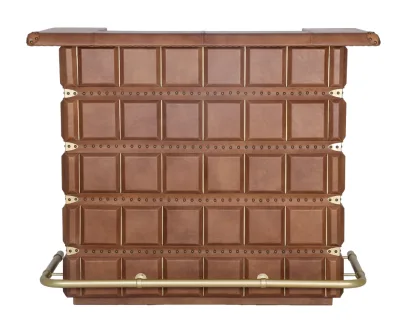 Luxury Campaign Style Leather Bar Counter, front view (closed), showing rich brown paneled leather, brass nailhead detailing, and curved foot rail.