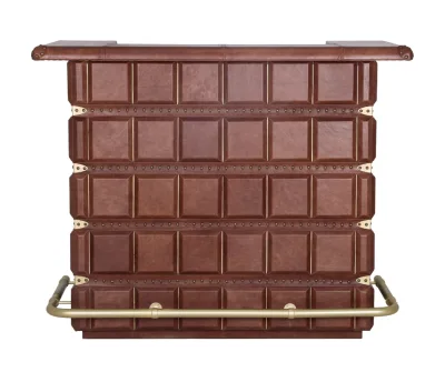 Prestige Leather Bar Counter, closed server side view, showing cabinet doors, top drawer, leather pulls, and campaign style hardware.