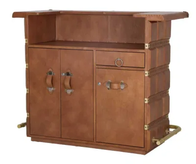 Interior storage view of the Leather Bar Counter, showing open cabinets with shelving, a pull-out drawer, and a dedicated 16-slot wine rack.