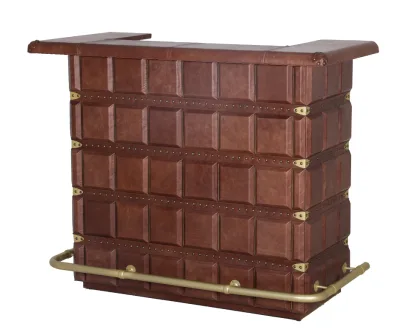 Luxury Campaign Style Leather Bar Counter, front view (closed), showing rich brown paneled leather, brass nailhead detailing, and curved foot rail.
